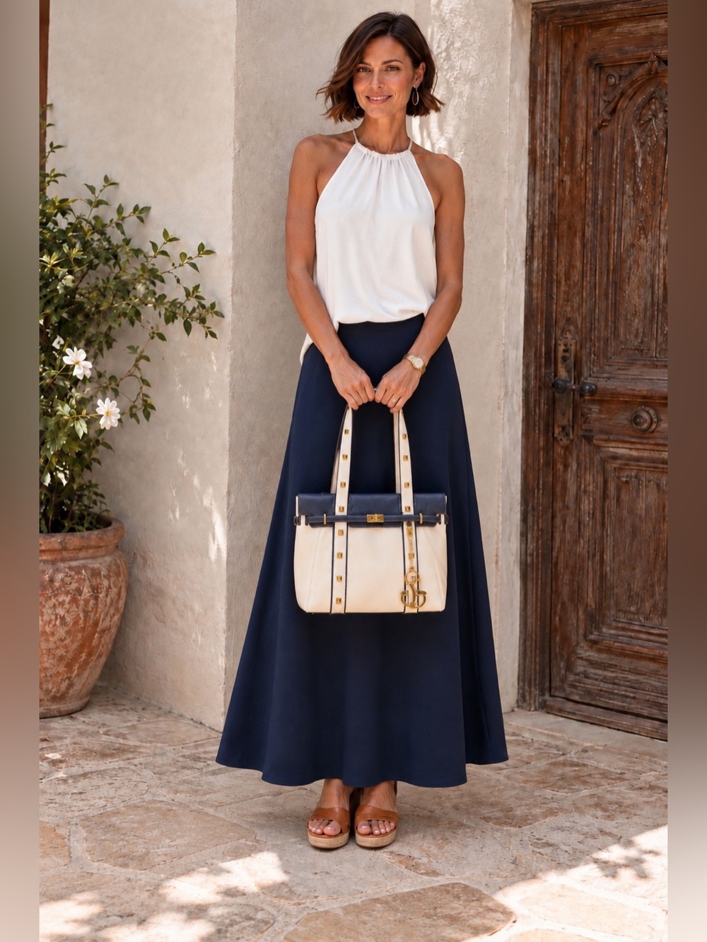 Betsey Johnson Shore Thing Belted Canvas Cream and Navy Stud Trim Tote Bag
